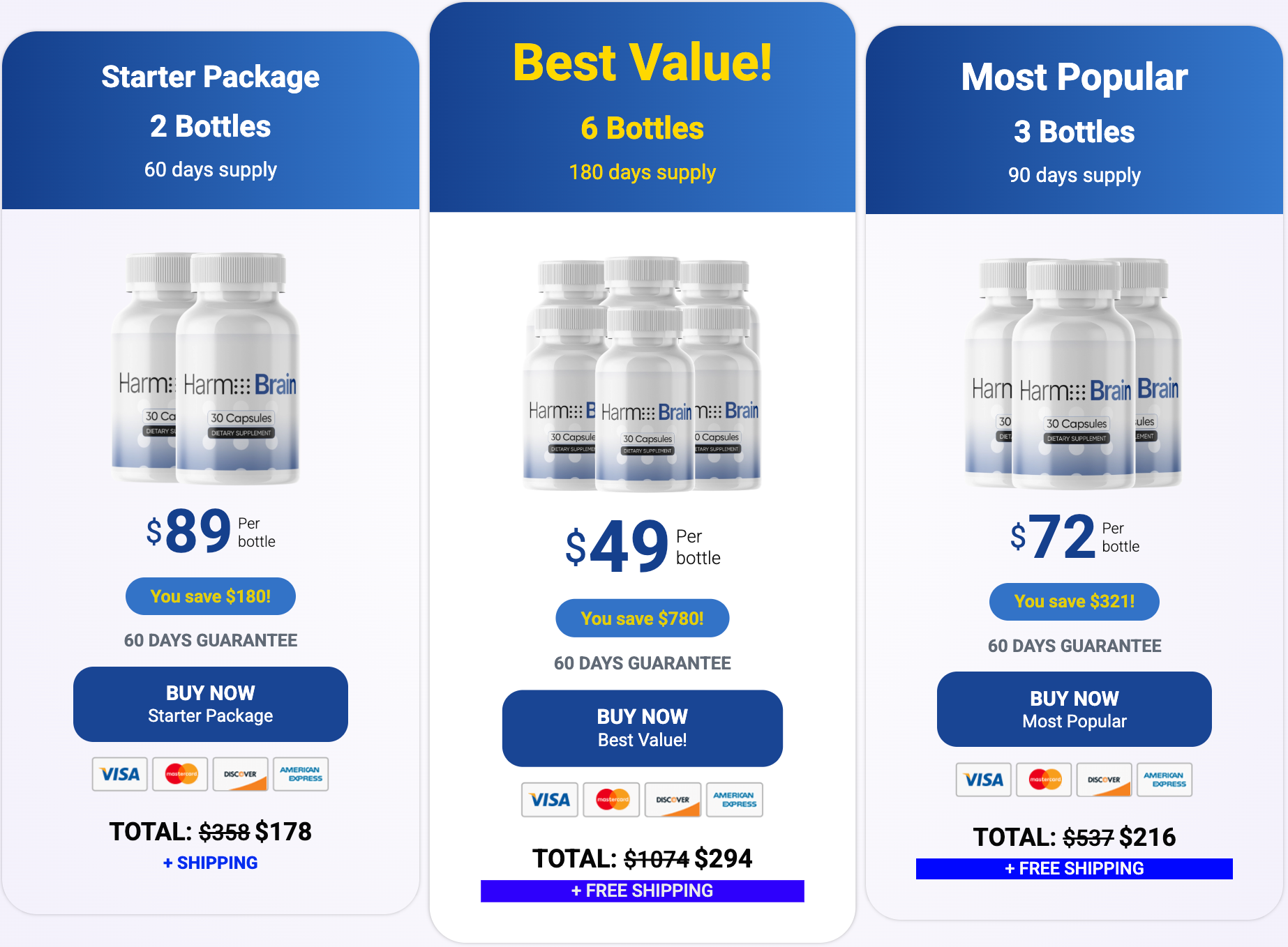 Harmobrain pricing packages: Starter 2 bottles, Best Value 6 bottles, Most Popular 3 bottles