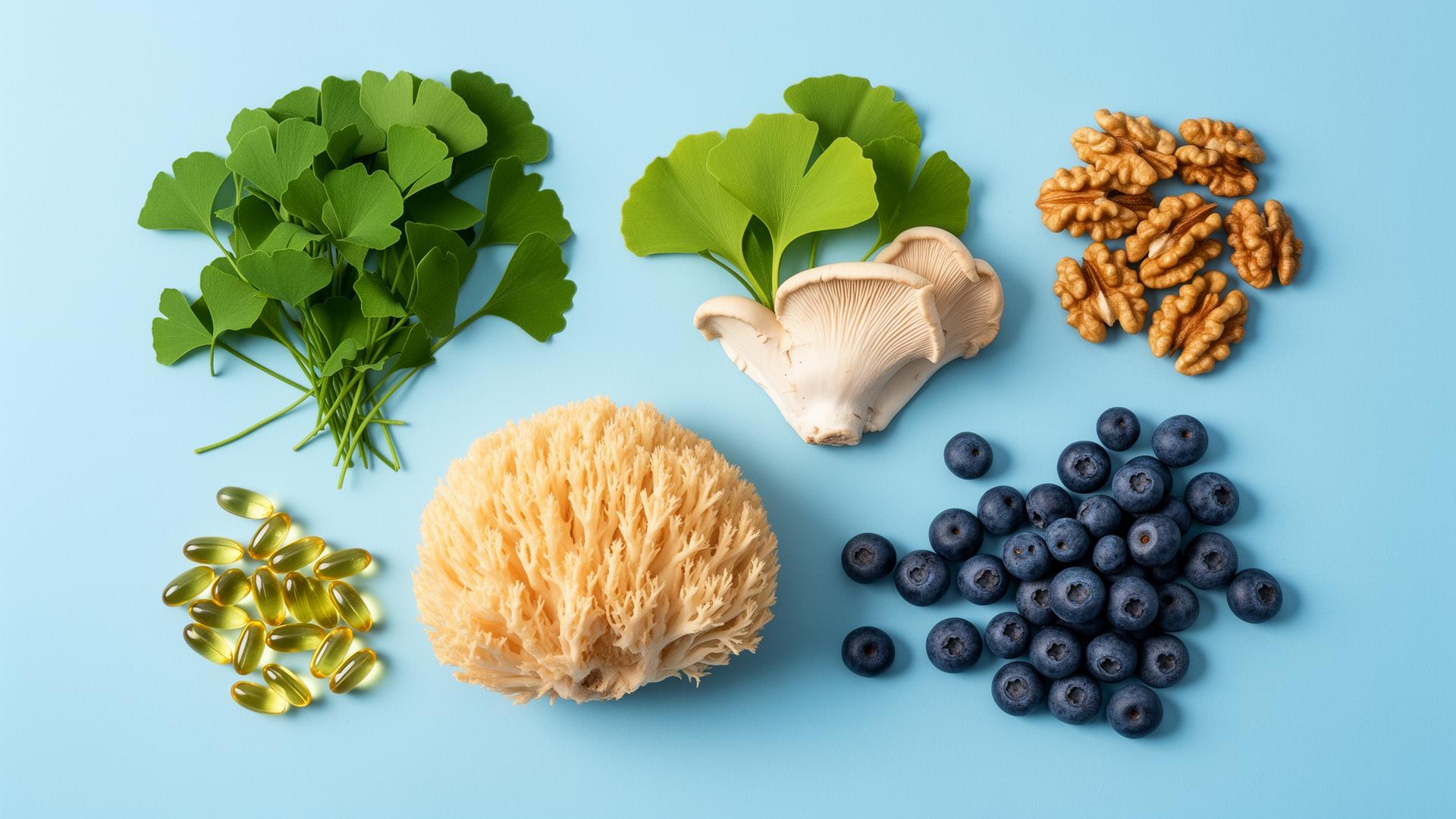 Natural Harmobrain ingredients including Lion's Mane, Ginkgo, blueberries and omega-3